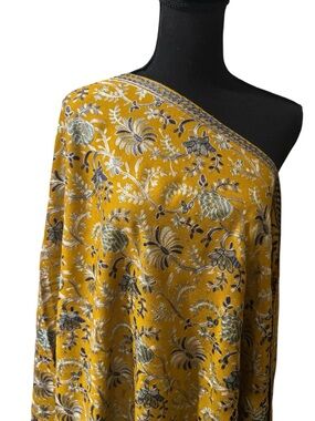 Mustard Yellow Floral Embroidered Satin Fabric